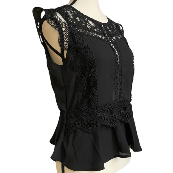 Haute Monde Black Flare Fit Lace Crochet Embroidered Peplum Blouse - Picture 3 of 11